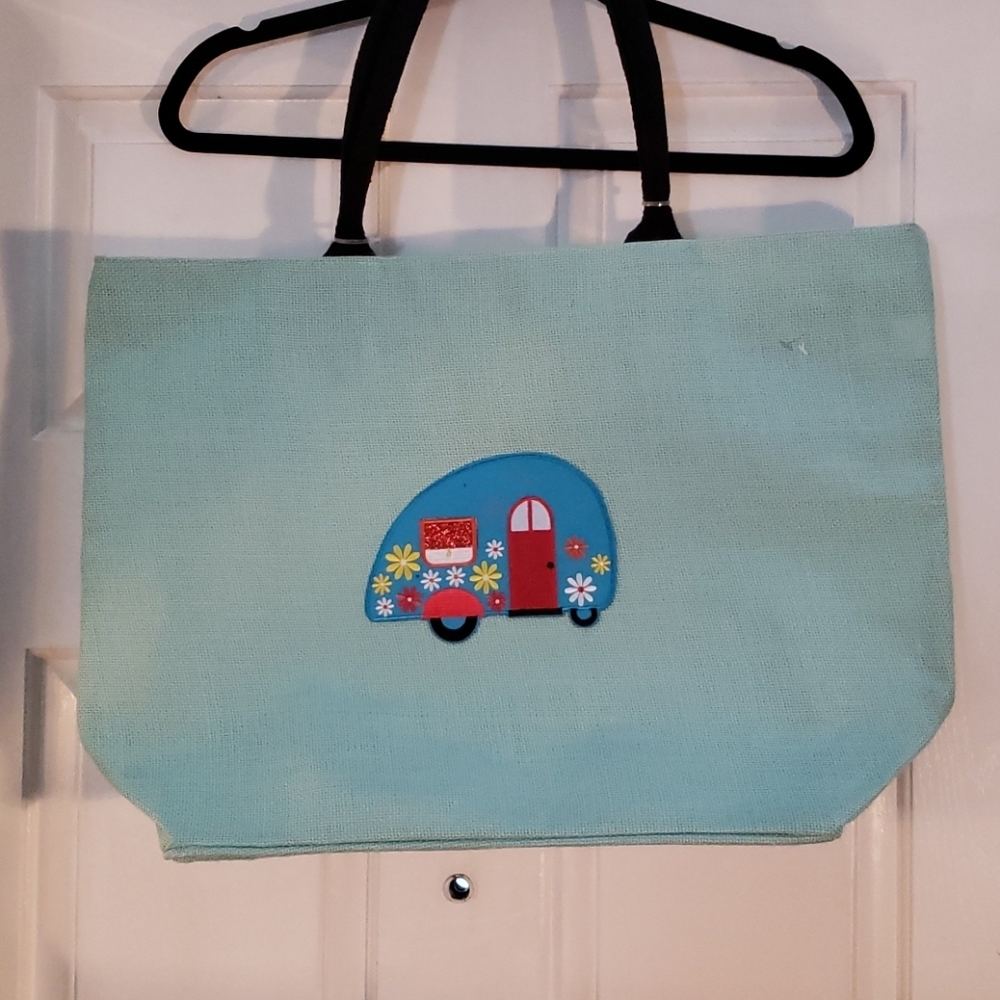 Large travel trailer park life burlap beach bag